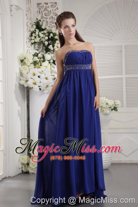wholesale blue empire strapless brush train chiffon beading prom / evening dress