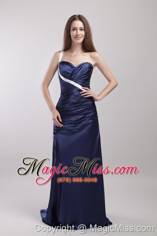 wholesale navy blue column/sheath one-shoulder brush train taffeta ruch prom dress