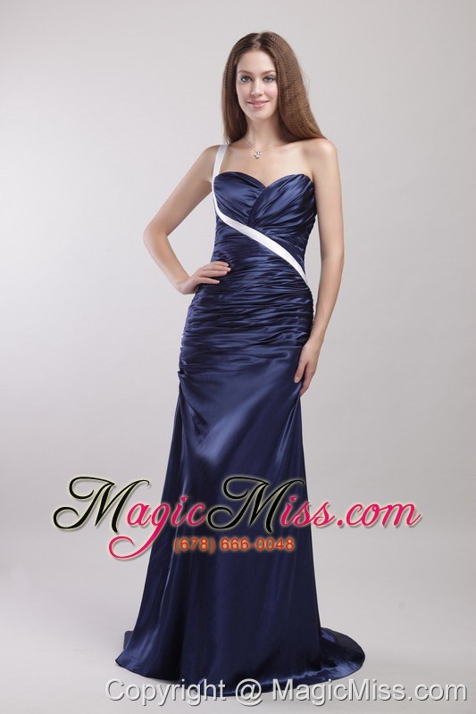 wholesale navy blue column/sheath one-shoulder brush train taffeta ruch prom dress