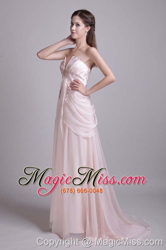wholesale pink empire strapless brush train chiffon pleat prom dress