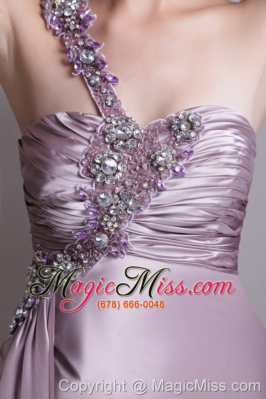 wholesale lavender empire one-shoulder brusn train elastic woven satin beading prom dress