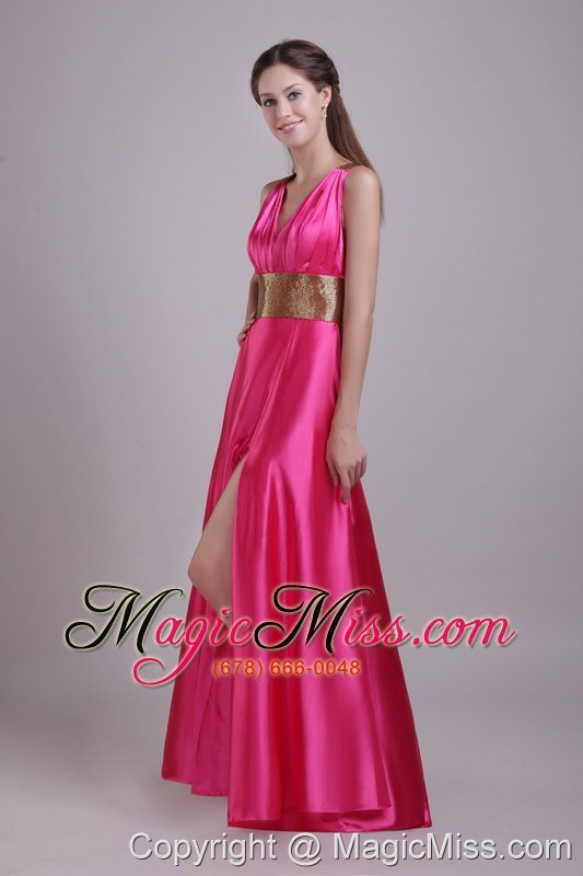 wholesale hot pink empire v-neck floor-length taffeta sash prom / evening dress