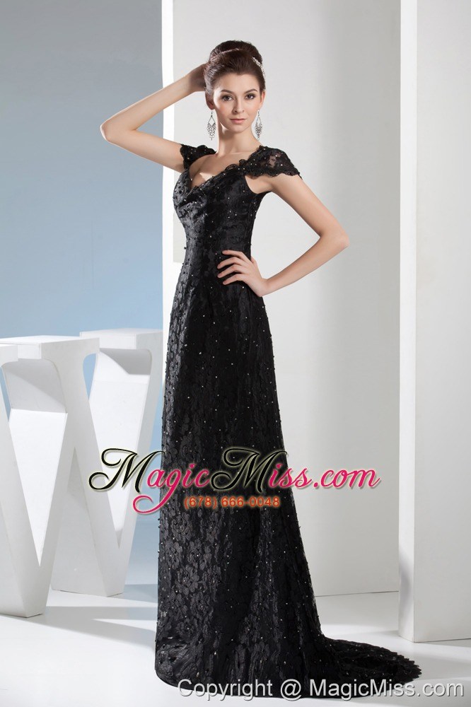 wholesale beading black lace v-neck column brush train prom dress