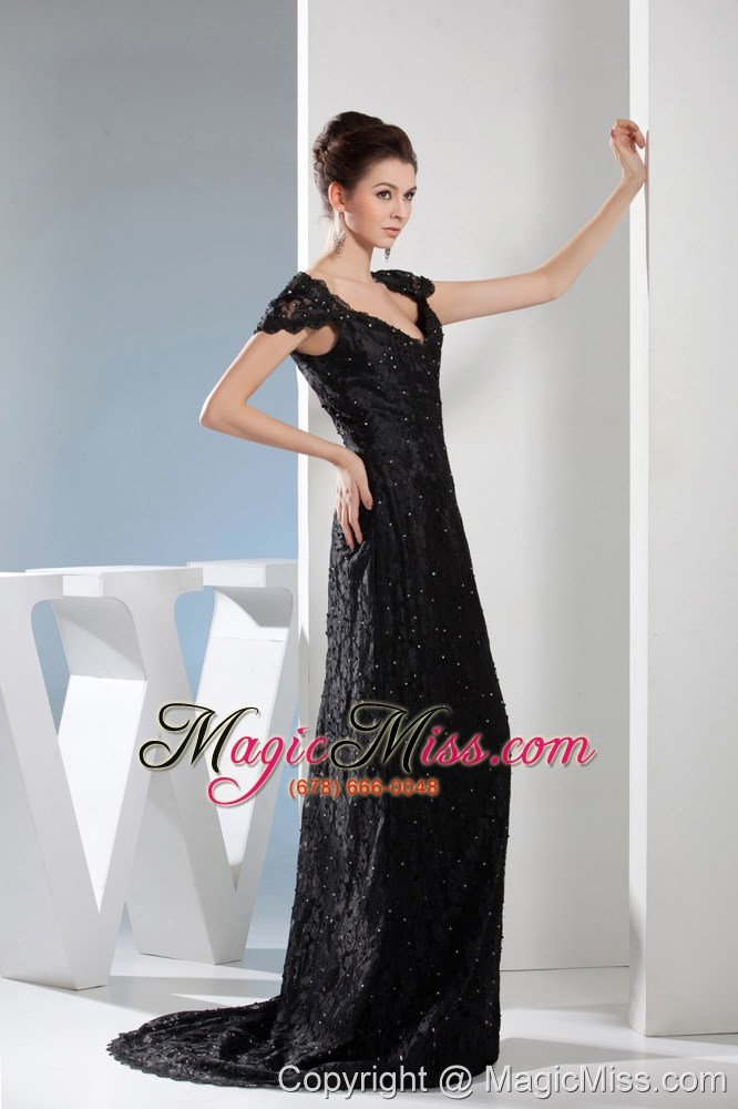 wholesale beading black lace v-neck column brush train prom dress