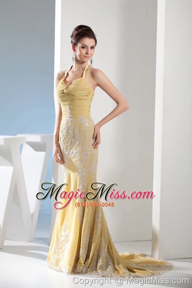 wholesale appliques mermaid halter gold brush train prom dress
