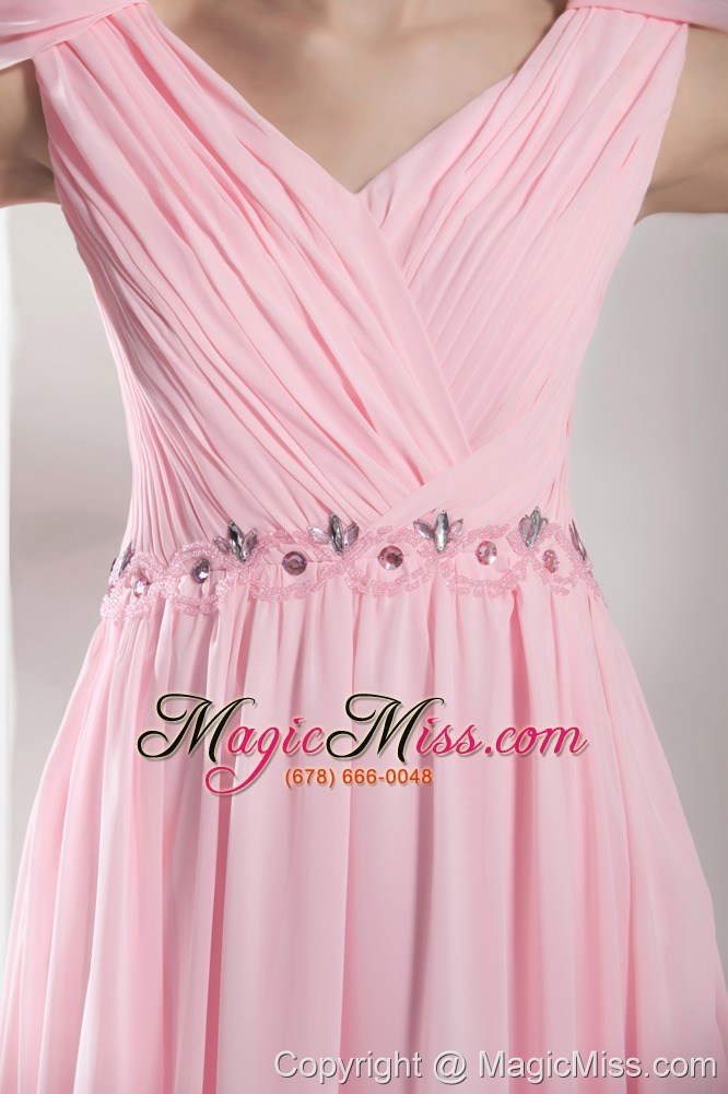 wholesale beading v-neck empire long pink prom dress with side zipper