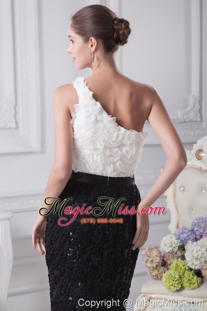 wholesale one shoulder brush train column black and white prom dress