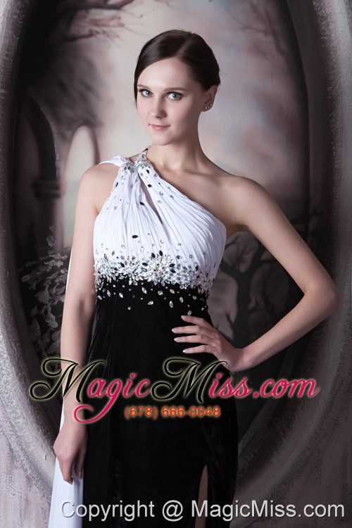 wholesale white and black column one shoulder brush train beading chiffon and elastic woven satin prom dress