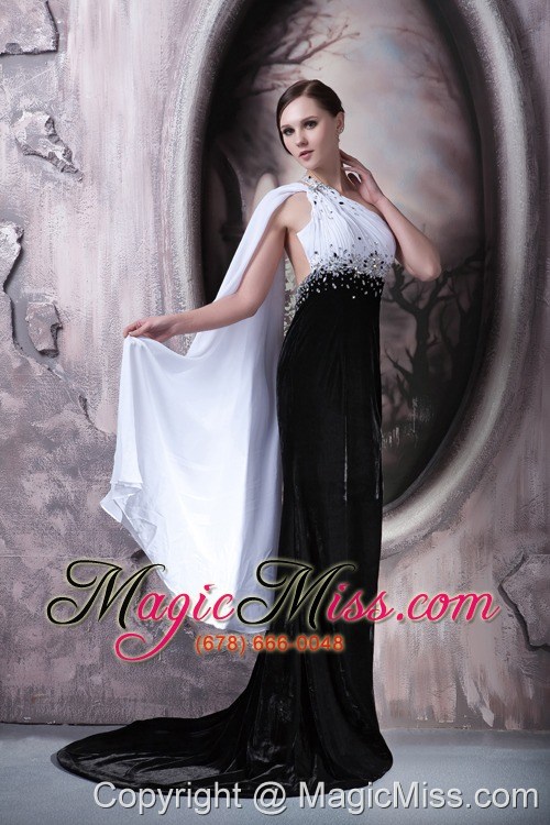 wholesale white and black column one shoulder brush train beading chiffon and elastic woven satin prom dress