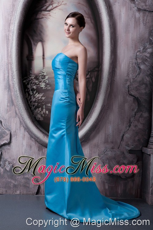 wholesale simple aqua blue prom dress column strapless elastic woven satin brush train