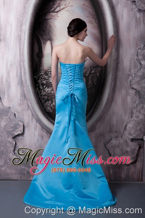 wholesale simple aqua blue prom dress column strapless elastic woven satin brush train