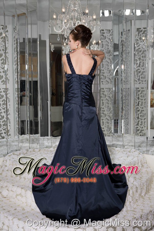 wholesale navy blue empire scoop brush train taffeta beading prom / evening dress