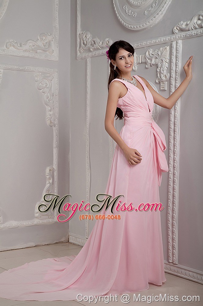 wholesale baby pink empire v-neck prom dress chiffon beading court train