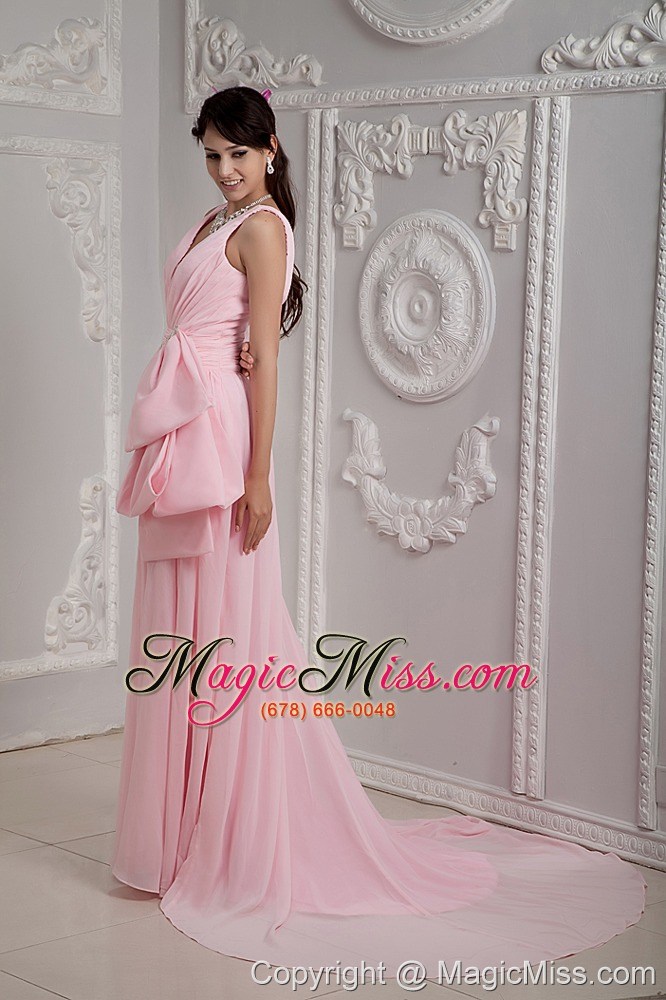 wholesale baby pink empire v-neck prom dress chiffon beading court train