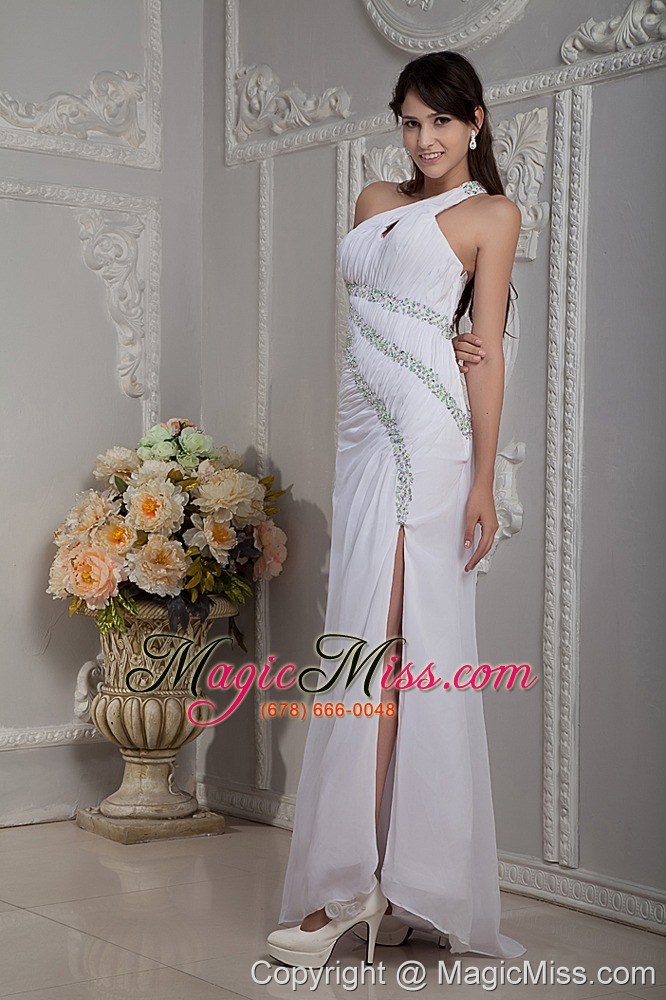 wholesale modern white column prom dress one shoulder beading brush train chiffon