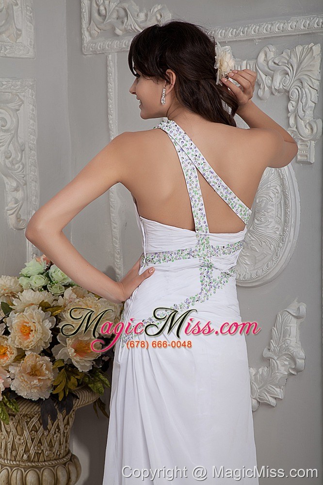 wholesale modern white column prom dress one shoulder beading brush train chiffon