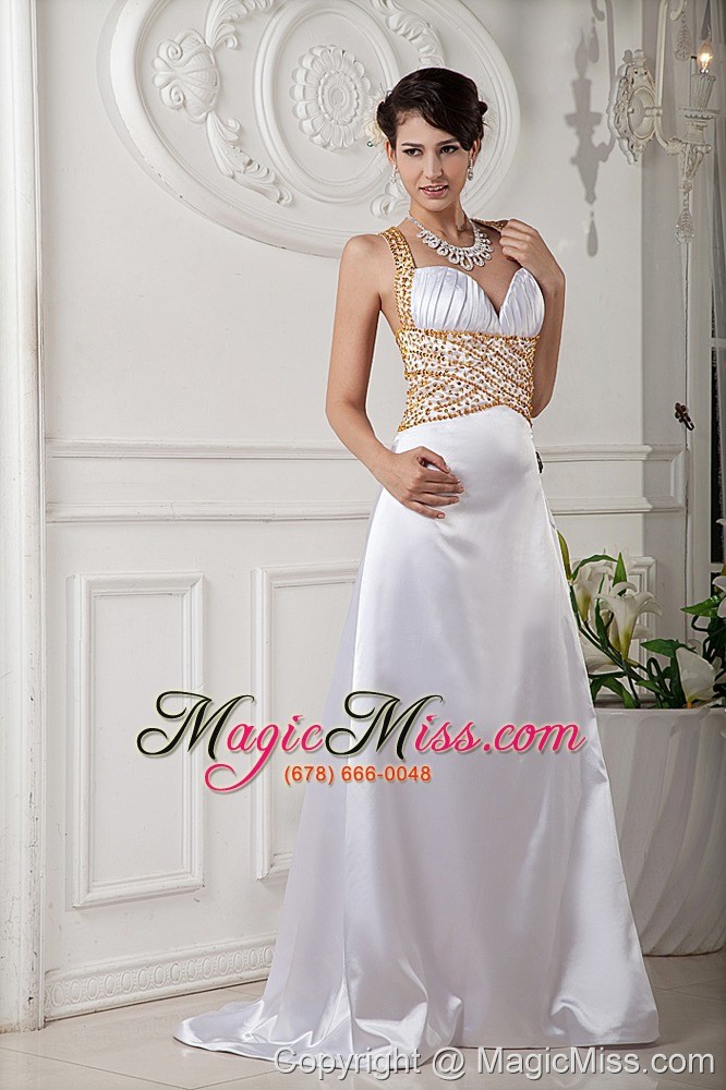wholesale white a-line / princess straps brush train satin beading prom dress
