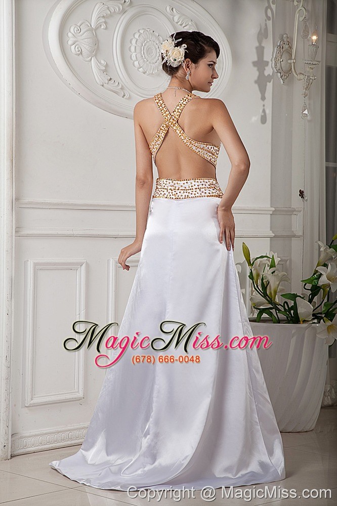 wholesale white a-line / princess straps brush train satin beading prom dress