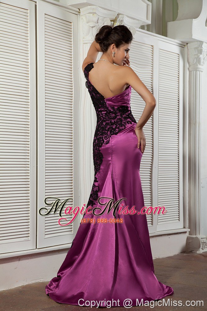 wholesale rose pink column one shoulder brush train taffeta and lace ruch prom dress