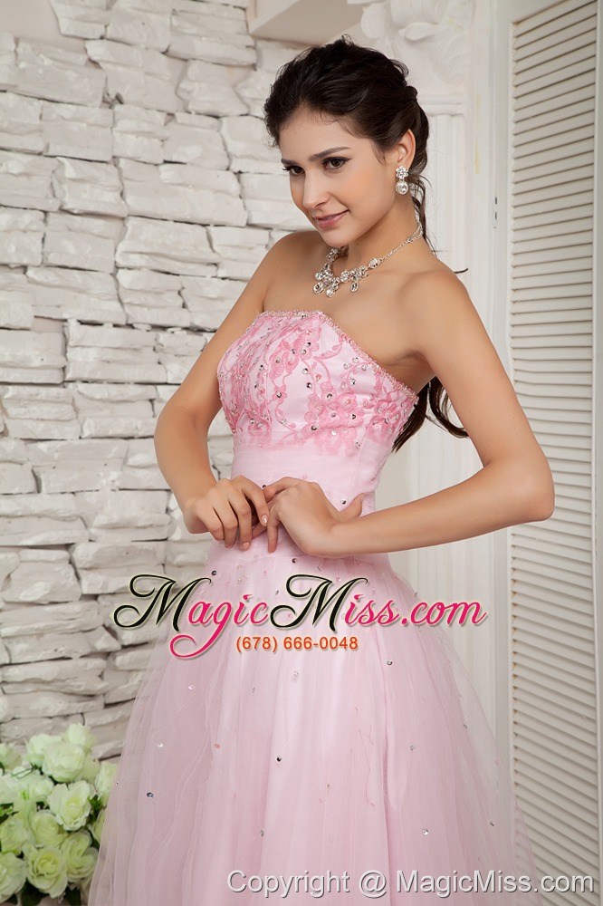 wholesale baby pink a-line strapless floor-length tulle beading prom / evening dress