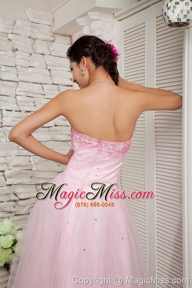 wholesale baby pink a-line strapless floor-length tulle beading prom / evening dress
