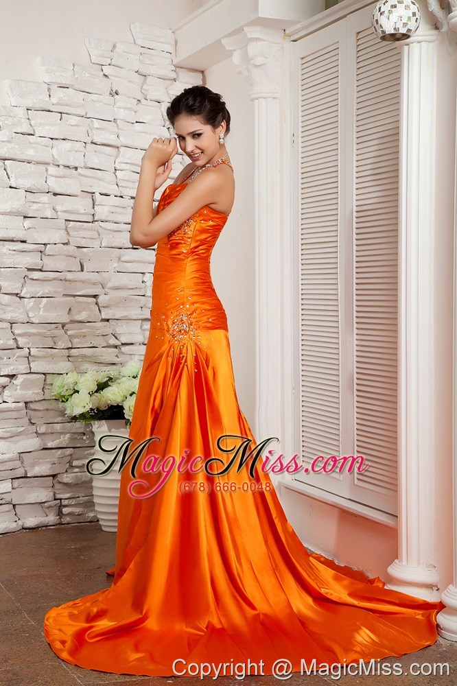 wholesale orange red a-line straps brush train elastic woven satin beading prom / evening dress