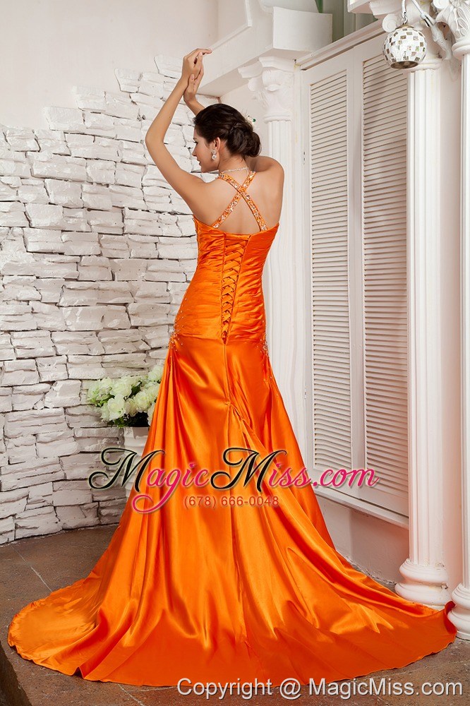 wholesale orange red a-line straps brush train elastic woven satin beading prom / evening dress