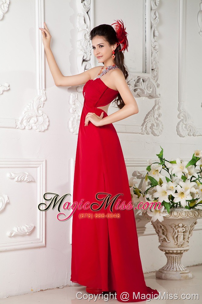 wholesale red empire one shoulder brush train chiffon appliques prom / evening dress