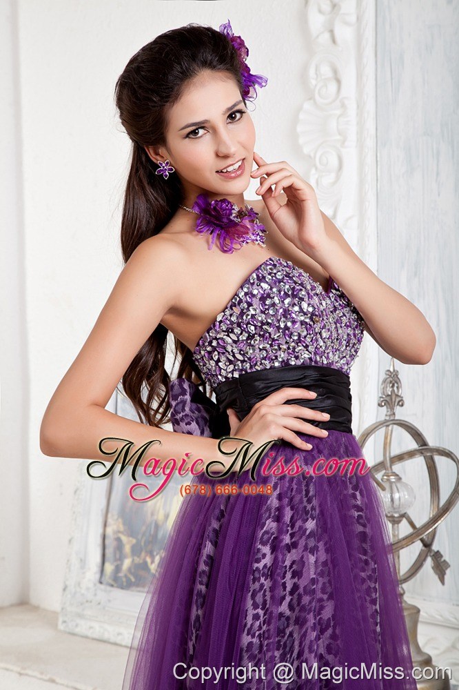 wholesale purple empire sweetheart floor-length tulle and leopard beading and bow prom dress