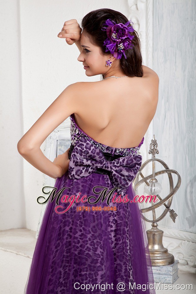 wholesale purple empire sweetheart floor-length tulle and leopard beading and bow prom dress