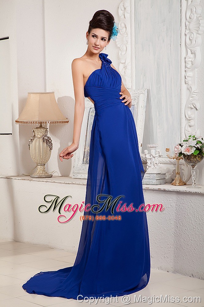 wholesale royal blue a-line / princess one shoulder brush train chiffon beading and bow prom dress