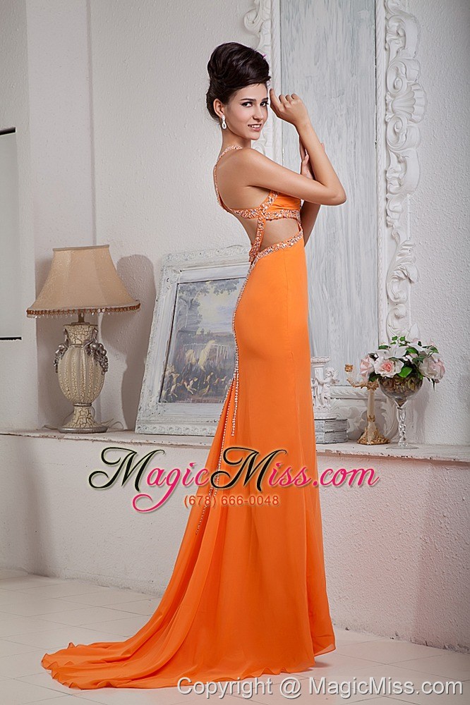 wholesale orange red column halter brush train chiffon beading prom dress