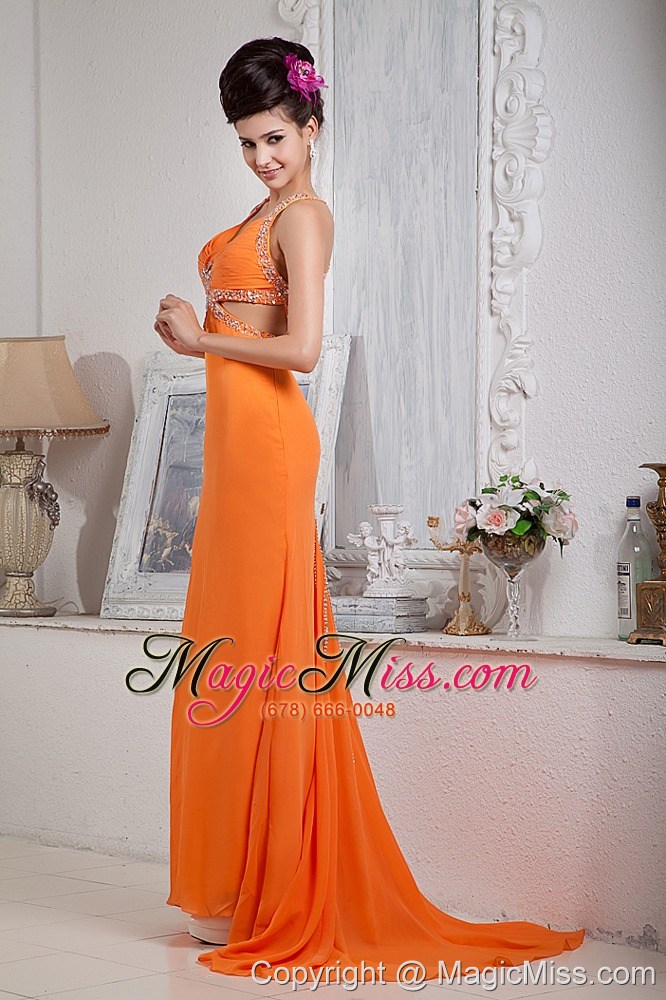 wholesale orange red column halter brush train chiffon beading prom dress