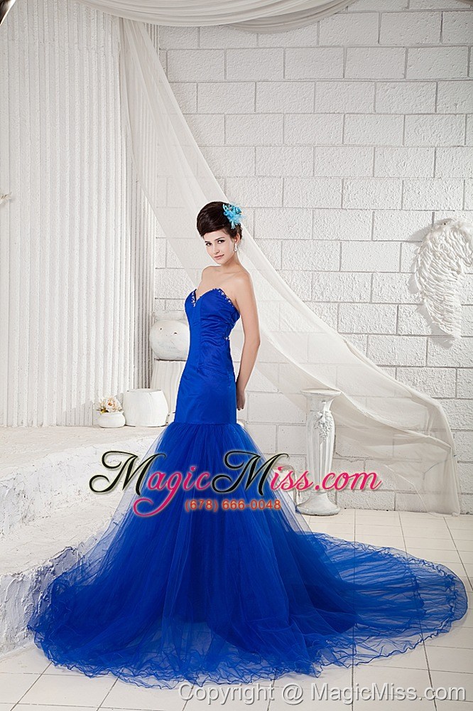 wholesale royal blue mermaid sweetheart chapel train tulle and satin beading prom dress