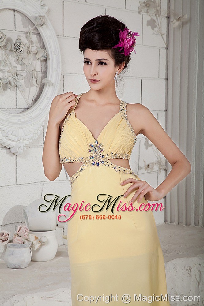 wholesale light yellow empire straps brush train chiffonbeading prom dress