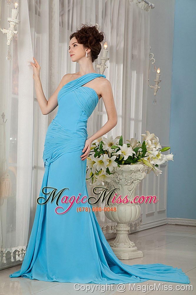 wholesale aqua blue empire one shoulder brush train chiffon ruch prom / evening dress