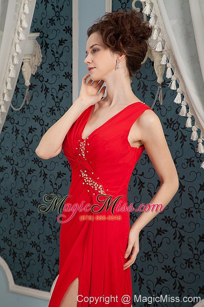 wholesale red column v-neck brush train chiffon beading prom dress