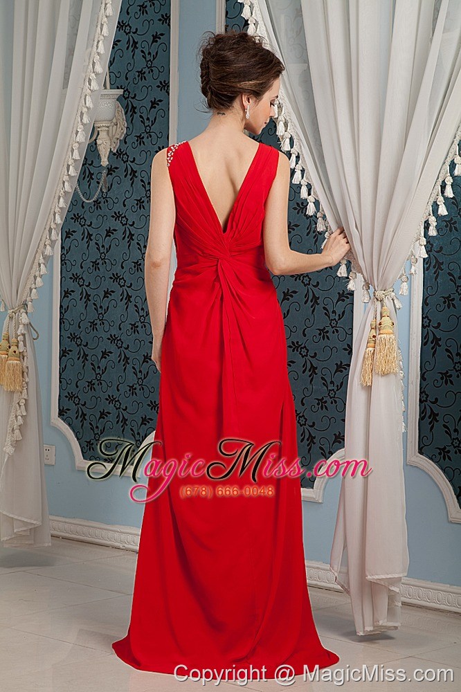 wholesale red column v-neck brush train chiffon beading prom dress