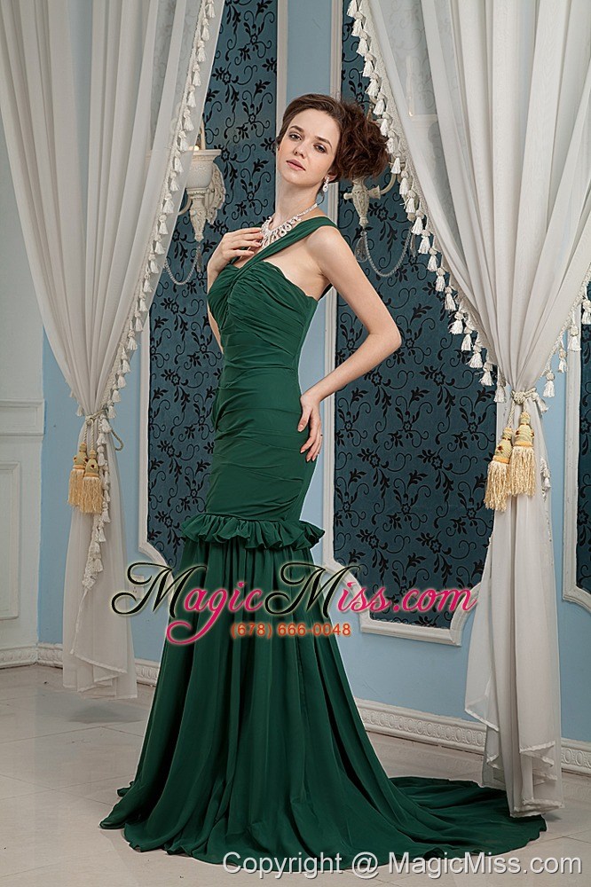 wholesale dark green mermaid straps brush train chiffon ruch prom dress