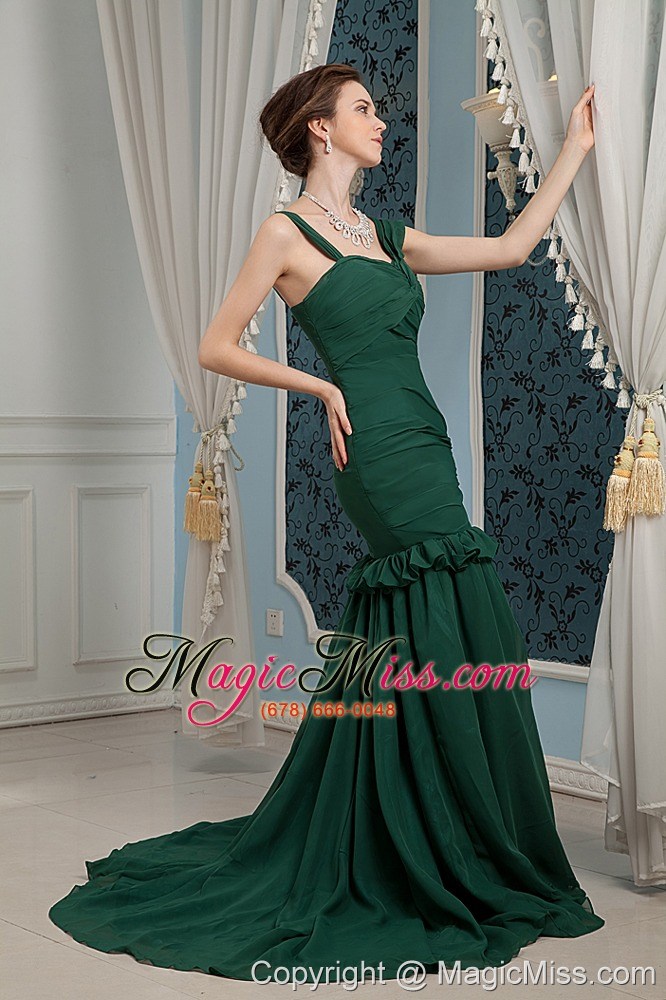 wholesale dark green mermaid straps brush train chiffon ruch prom dress