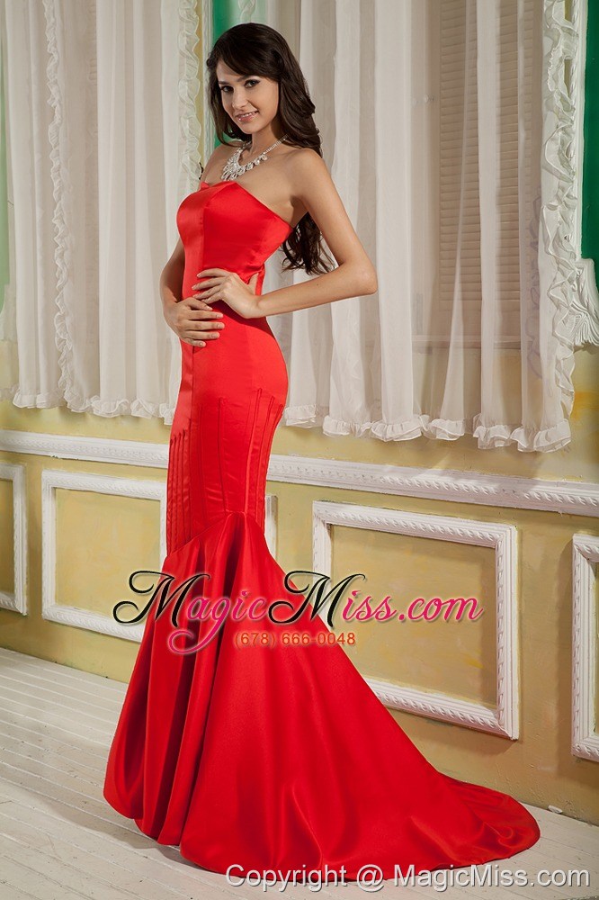 wholesale red mermaid strapless brush train satin prom dress