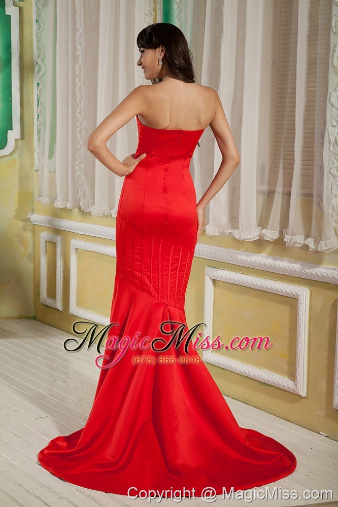 wholesale red mermaid strapless brush train satin prom dress