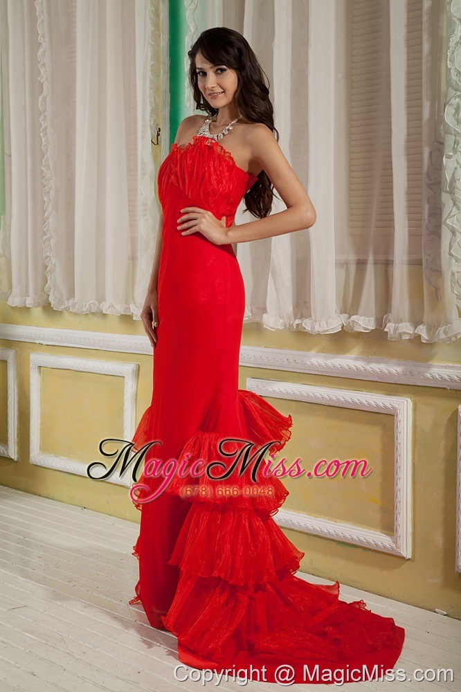wholesale red mermaid sweetheart brush train chiffon and organza prom dress