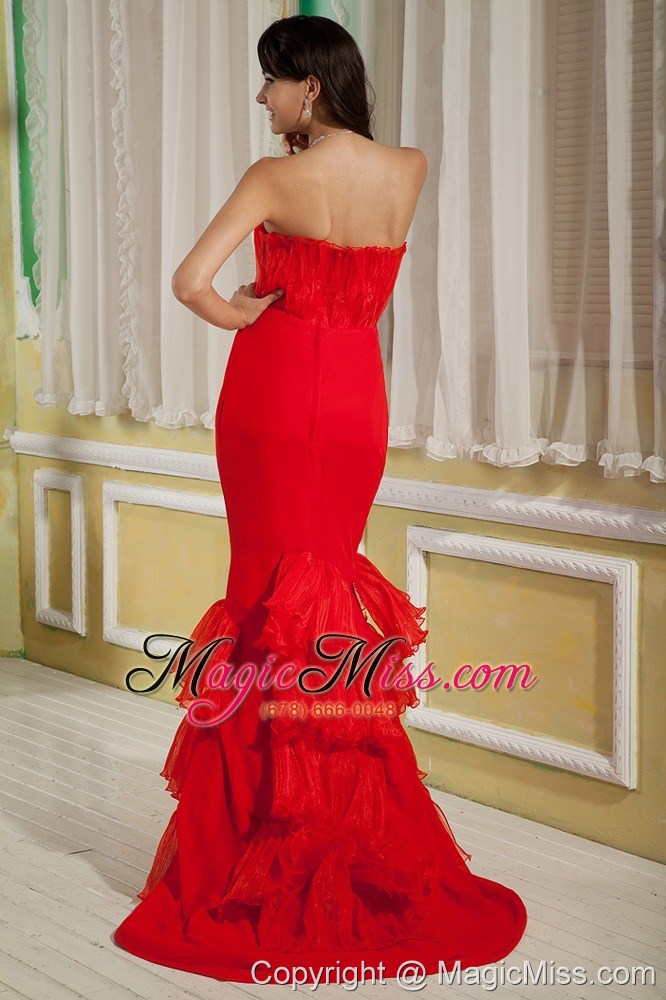 wholesale red mermaid sweetheart brush train chiffon and organza prom dress