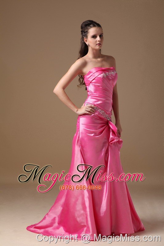wholesale hot pink column strapless brush train taffeta beading prom dress