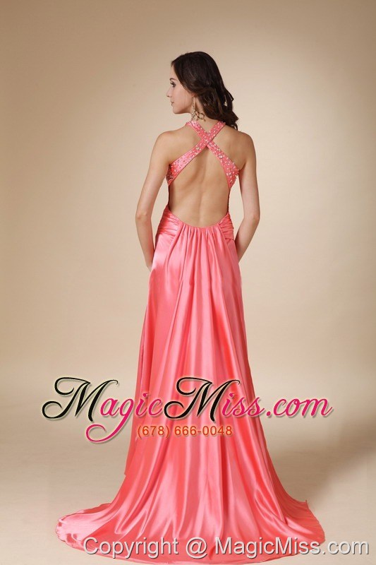 wholesale watermelon red column straps brush train elastic wove satin beading prom / evening dress