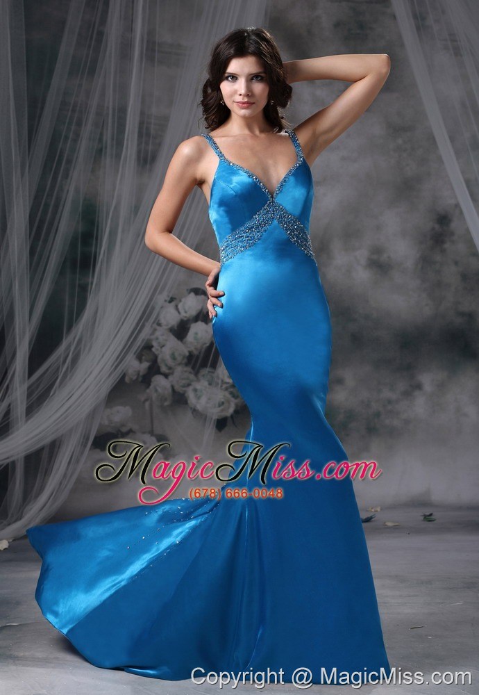 wholesale knoxville iowa mermaid blue beaded decorate straps and bust brush train 2013 prom dress