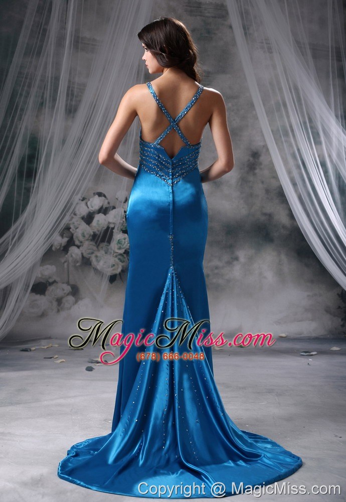 wholesale knoxville iowa mermaid blue beaded decorate straps and bust brush train 2013 prom dress