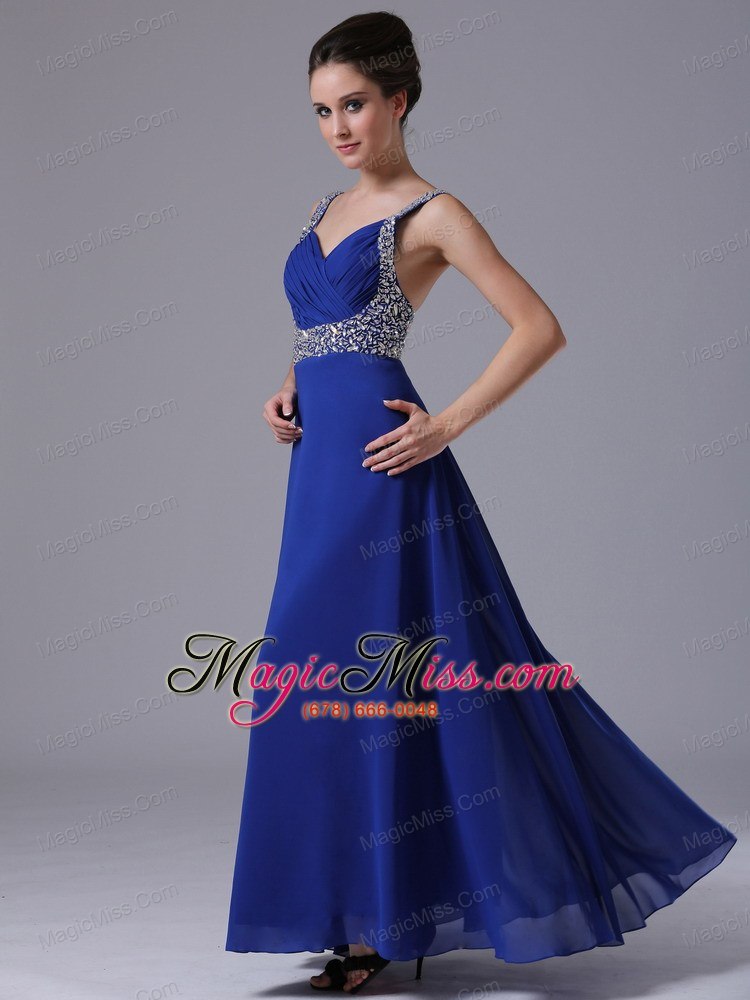 wholesale beaded decorate shoulder straps chiffon royal blue maxi prom dress