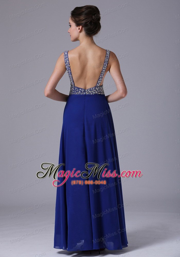 wholesale beaded decorate shoulder straps chiffon royal blue maxi prom dress